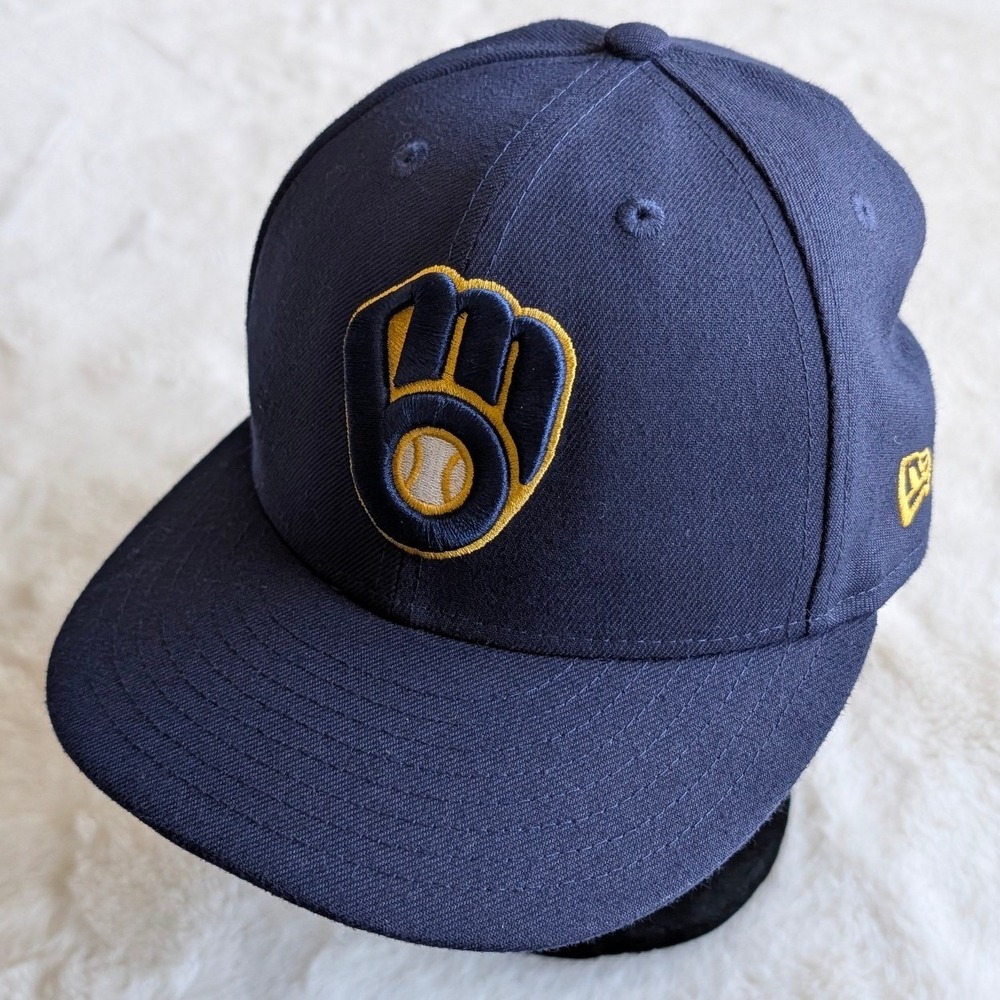 Milwaukee Brewers New Era 59FIFTY  Navy Blue Fitted Hat Size 7 3/8 MLB On Field